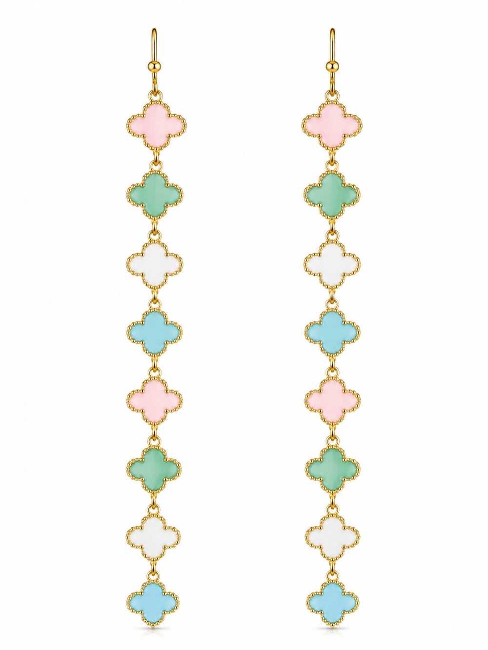 Gold Drop Earrings with Pink, Mint, White and Blue Clover Accents